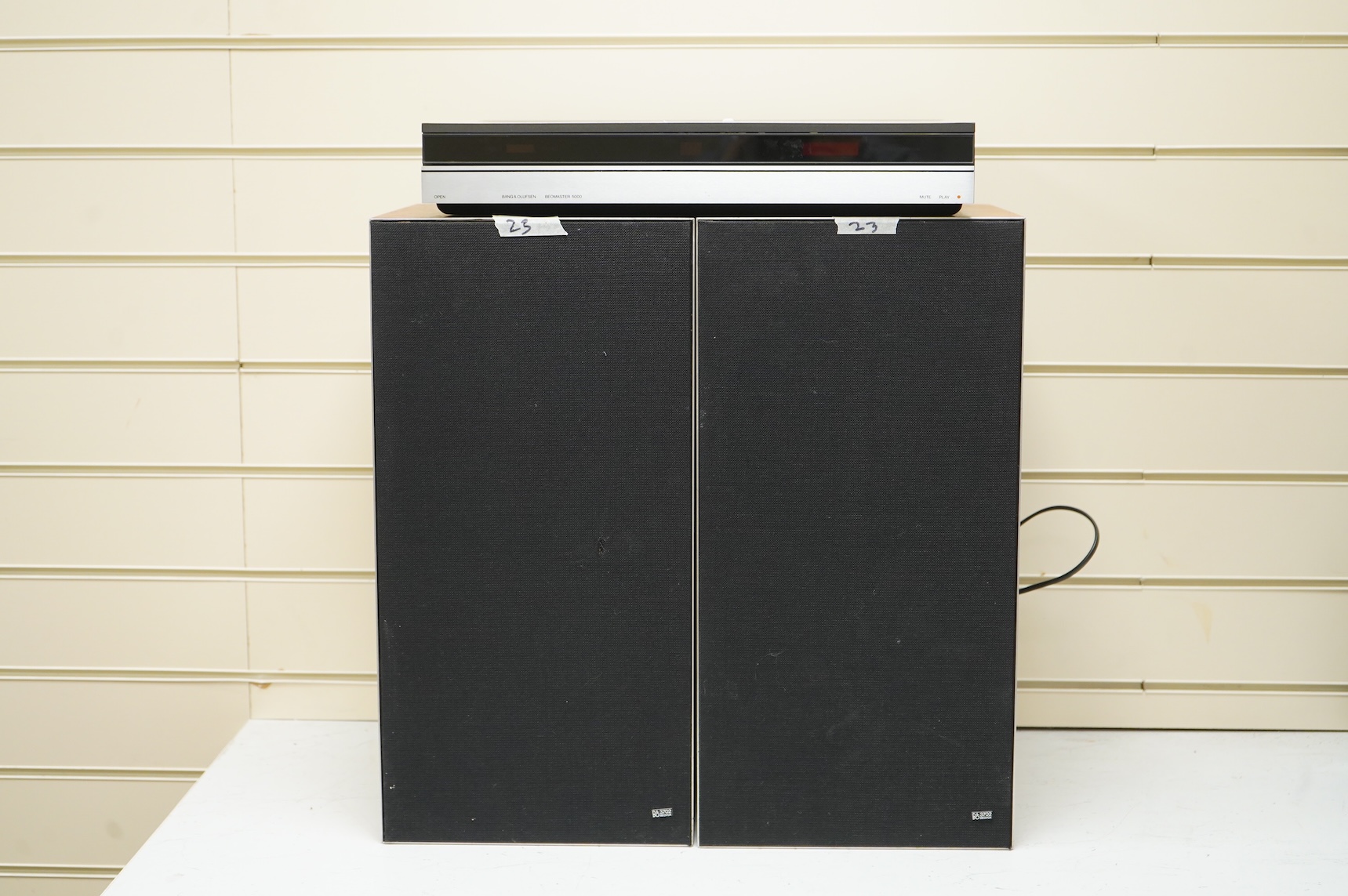 Six Bang & Olufsen items; a 1960s Beolit 600 radio, a pair of Beovox CX50s white cased shelf speakers, a pair of Beovox 1000 speakers, a Beolab 2000 speaker unit, together with two testing units (adjustable power supplie